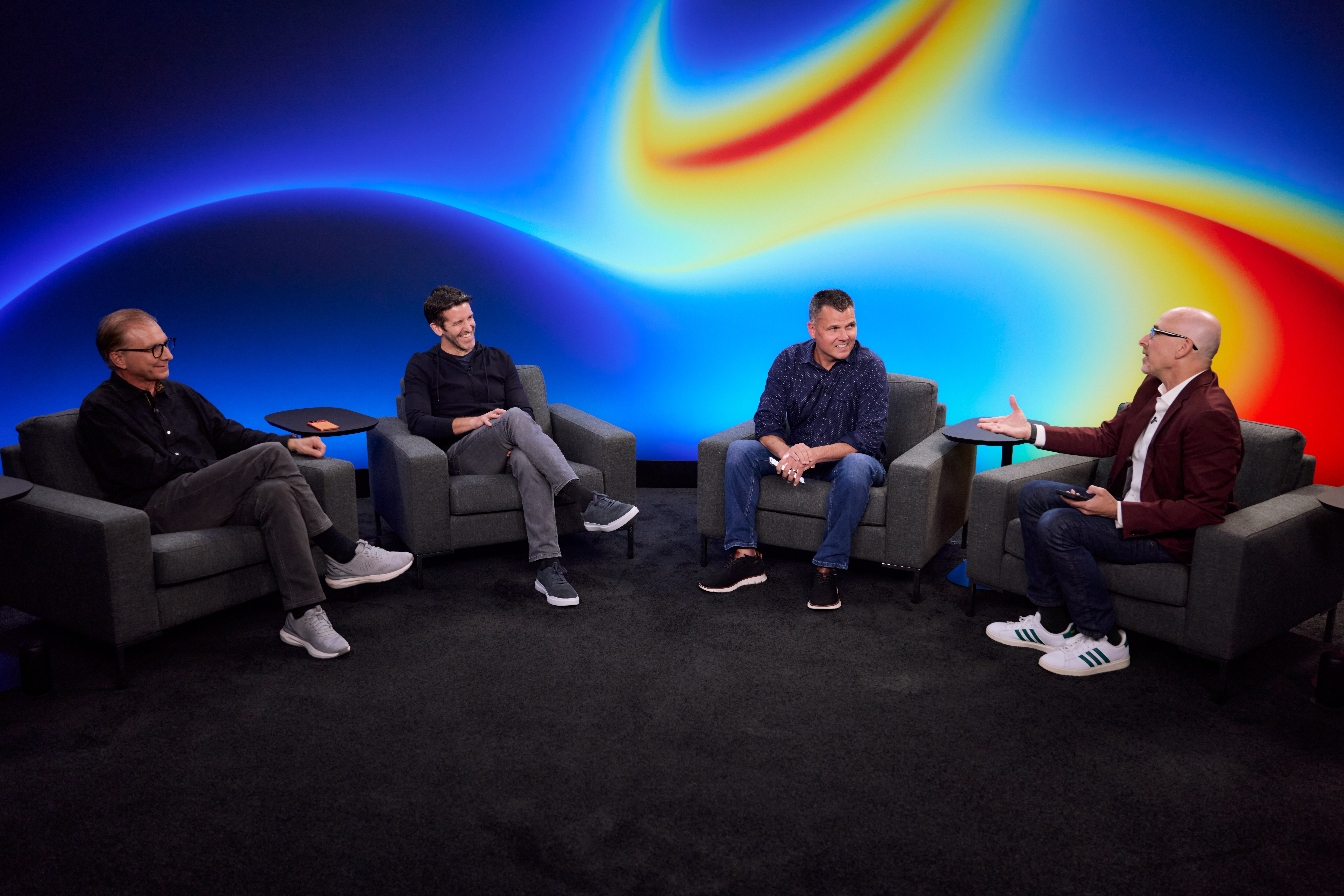Greg Joswiak and John Ternus from Apple, Mark Spoonauer from Tom&#039;s Guide and Lance Ulanoff from TechRadar