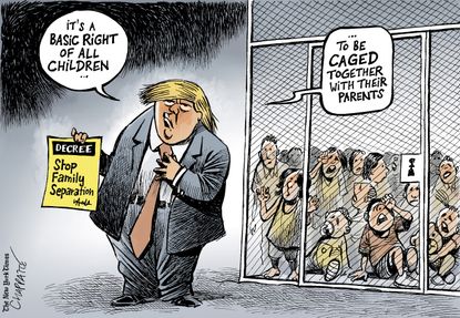 Political cartoon U.S. Trump children family separation human rights migrant cage