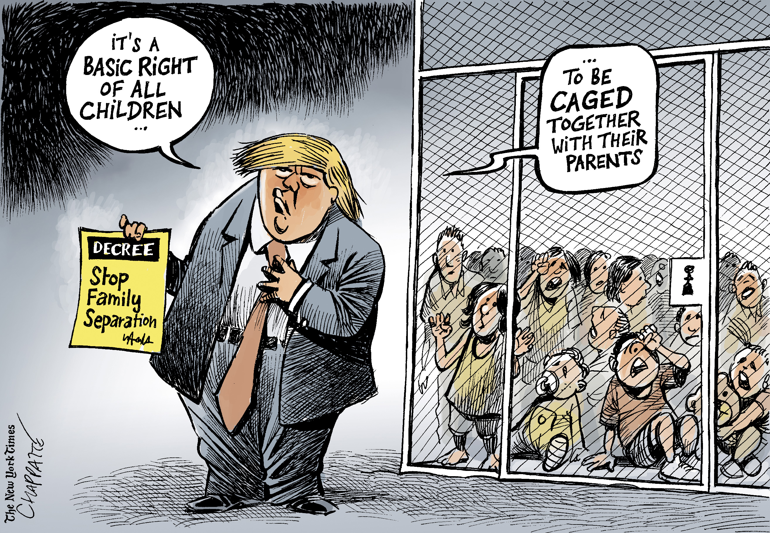 Political cartoon U.S. Trump children family separation human rights migrant cage
