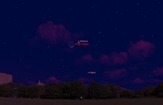Venus will shine near the crescent moon in a dazzling sight on Sunday, March 22, 2015. This Starry Night sky map shows the location of Venus and the moon (as well as Mars lower down) in the western sky at 8 p.m. local time as seen from mid-northern latitu