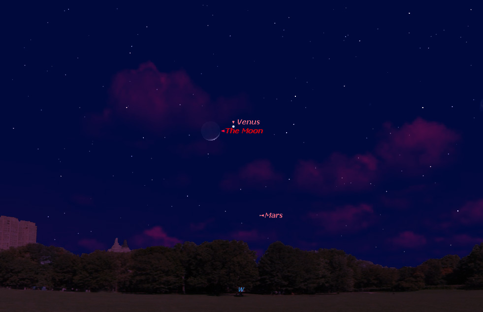 Venus will shine near the crescent moon in a dazzling sight on Sunday, March 22, 2015. This Starry Night sky map shows the location of Venus and the moon (as well as Mars lower down) in the western sky at 8 p.m. local time as seen from mid-northern latitu