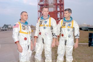 Apollo 1 astronauts Gus Grissom, Ed White and Roger Chaffee, as seen at Cape Canaveral's Complex 34 in January 1967.