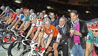 Bayern Munich's football player Luca Toni (2nd right) fired the starting pistol to get the 46th Munich Six Days underway.