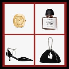 Collage of Ring Watch, Byredo Perfume, Jimmy Choo Heels and Bag