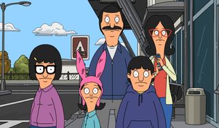 The Belcher family stairs ahead with concern in Bob's Burgers.