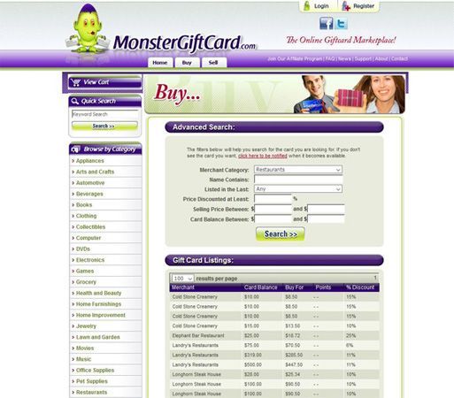 Monster Gift Card image: The advanced search option allows you to narrow your search by category, keyword, merchant category, discount percentage and price.