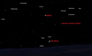 On Saturday night, April 25 (actually Sunday morning), the setting Moon will pass just below the bright asteroid Juno, while a number of fainter asteroids are clustered around.