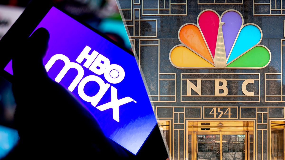 (L to R) The HBO Max logo on a phone and the NBC logo at its building entrance