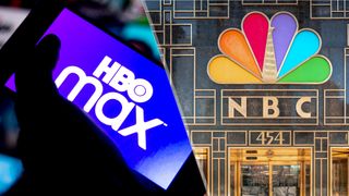 (L to R) The HBO Max logo on a phone and the NBC logo at its building entrance