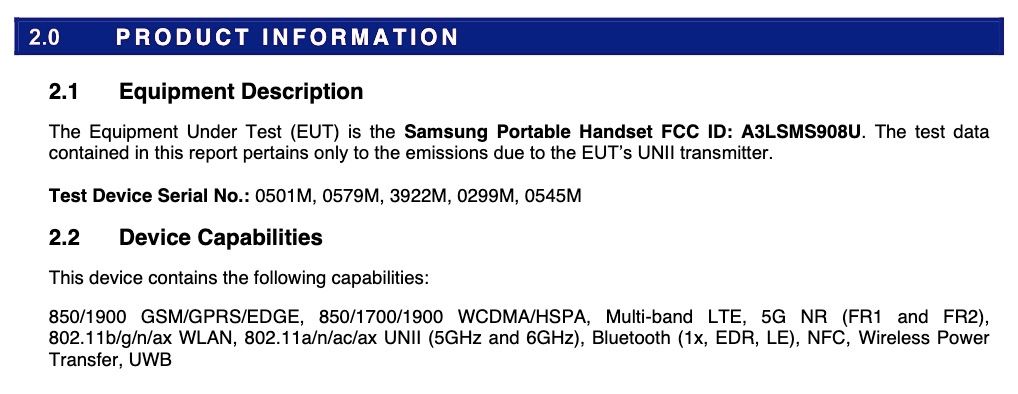 A screenshot of part of the FCC listing believed to belong to the Samsung Galaxy S22 Ultra, listing its connectivity features.