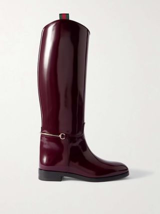 Webbing-Trimmed Horsebit-Embellished Patent-Leather Knee Boots