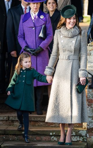Catherine, Duchess of Cambridge and Princess Charlotte of Cambridge attend the Christmas Day Church service at Church of St Mary Magdalene on the Sandringham estate on December 25, 2019