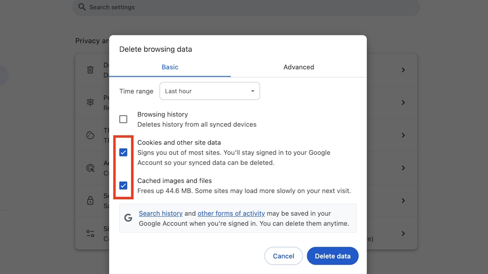 Clicking on the checkboxes for clearing cookies and cached files on Google Chrome