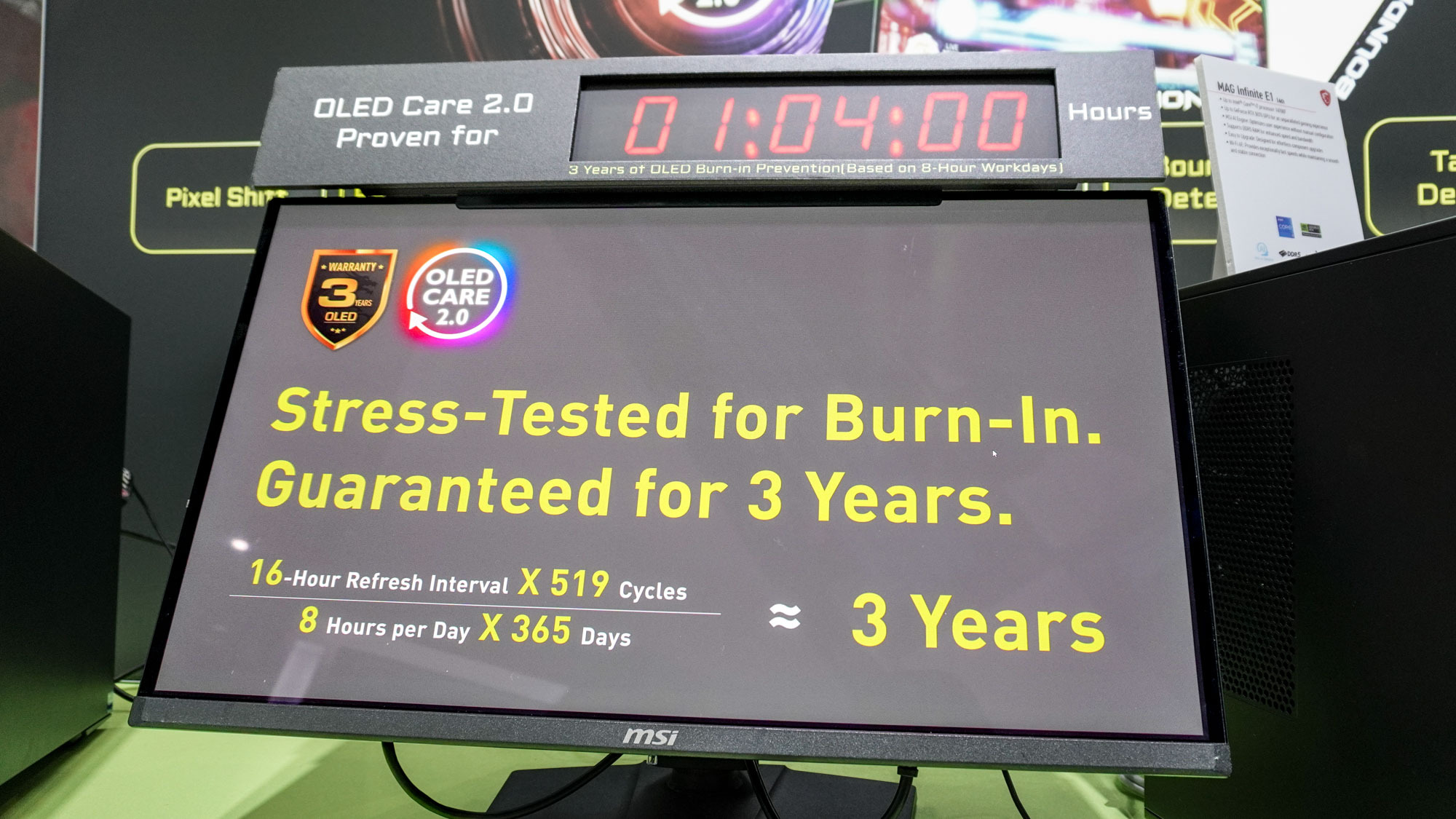 An MSI QD-OLED gaming monitor that's been running for years to show how MSI OLED Care prevents burn-in