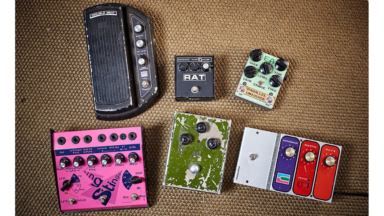 Clockwise from top left: Roland AD-50 Double Beat Fuzz Wah, ProCo RAT, Experimentalists Anonymous Parallel Universe, Musitronics Mu-Tron Phasor II, Electro Harmonix Russian Big Muff, Lovetone Ring Stinger