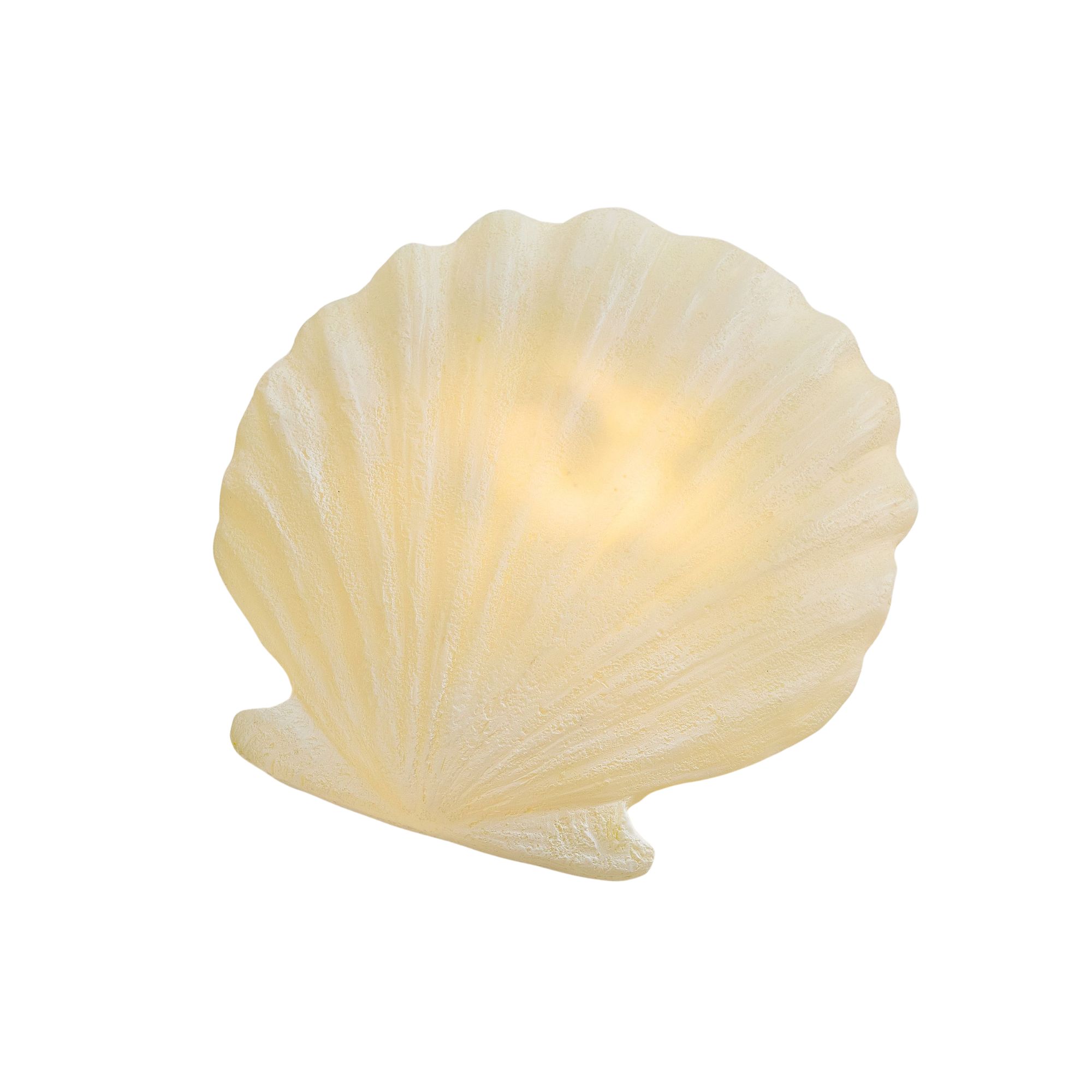 A white shell-shaped light with a glowy light.