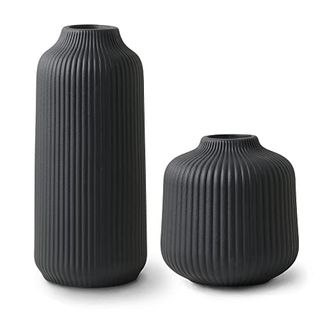 Flature Ceramic Vases in Nordic Style, Modern Vase Deco for Pampas Grass, Boho Deco for Windowsill, Vases Set in Black Matt, Flower Vase as Home Decoration for Fresh Flowers, Dried Flowers, Set of 2