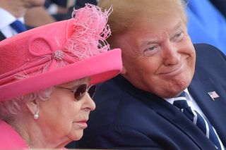 Queen Elizabeth wears a bright pink hat and dark sunglasses while Donald Trump smirks next to her