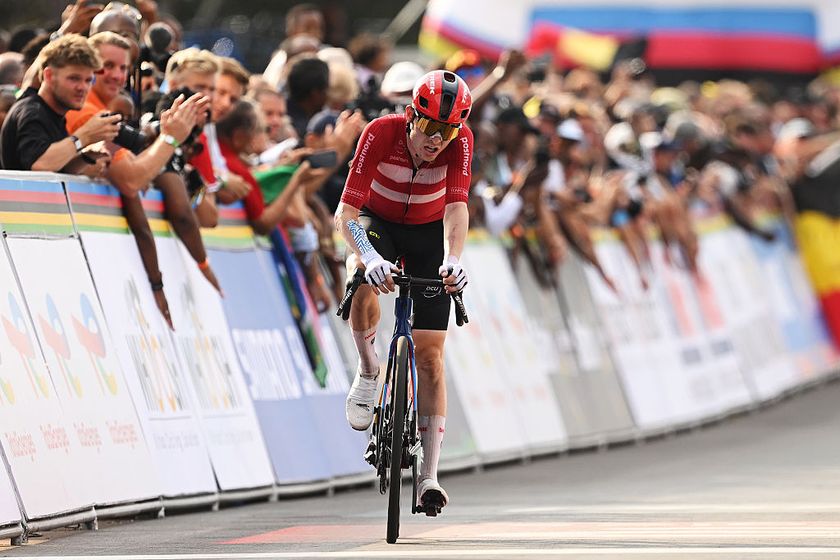 KIGALI, RWANDA - SEPTEMBER 28: Mattias Skjelmose and Team Denmark crosses the finish line on fourth place during the 98th UCI Cycling World Championships Kigali 2025, Men Elite Road Race a 267.5km race from Kigali to Kigali on September 28, 2025 in Kigali, Rwanda. (Photo by Dario Belingheri/Getty Images)