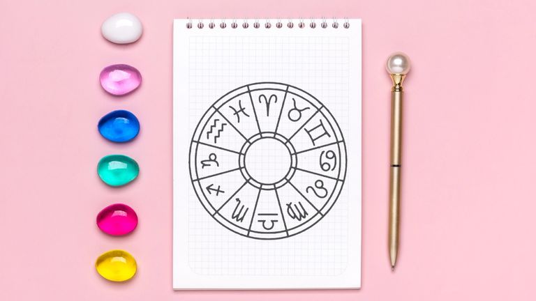 Horoscope circle with twelve signs of zodiac on paper, divination dice, colorful stone on pink background Fortune telling and astrology predictions Top view Flat lay.