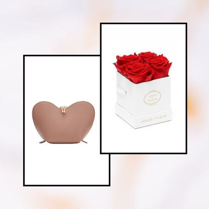 Product collage of Venus ET Fleur Classic Le Petit Eternity Roses and Cuyana Mini Heart Case in white boxes with black border on white, orange, blue gradient background 