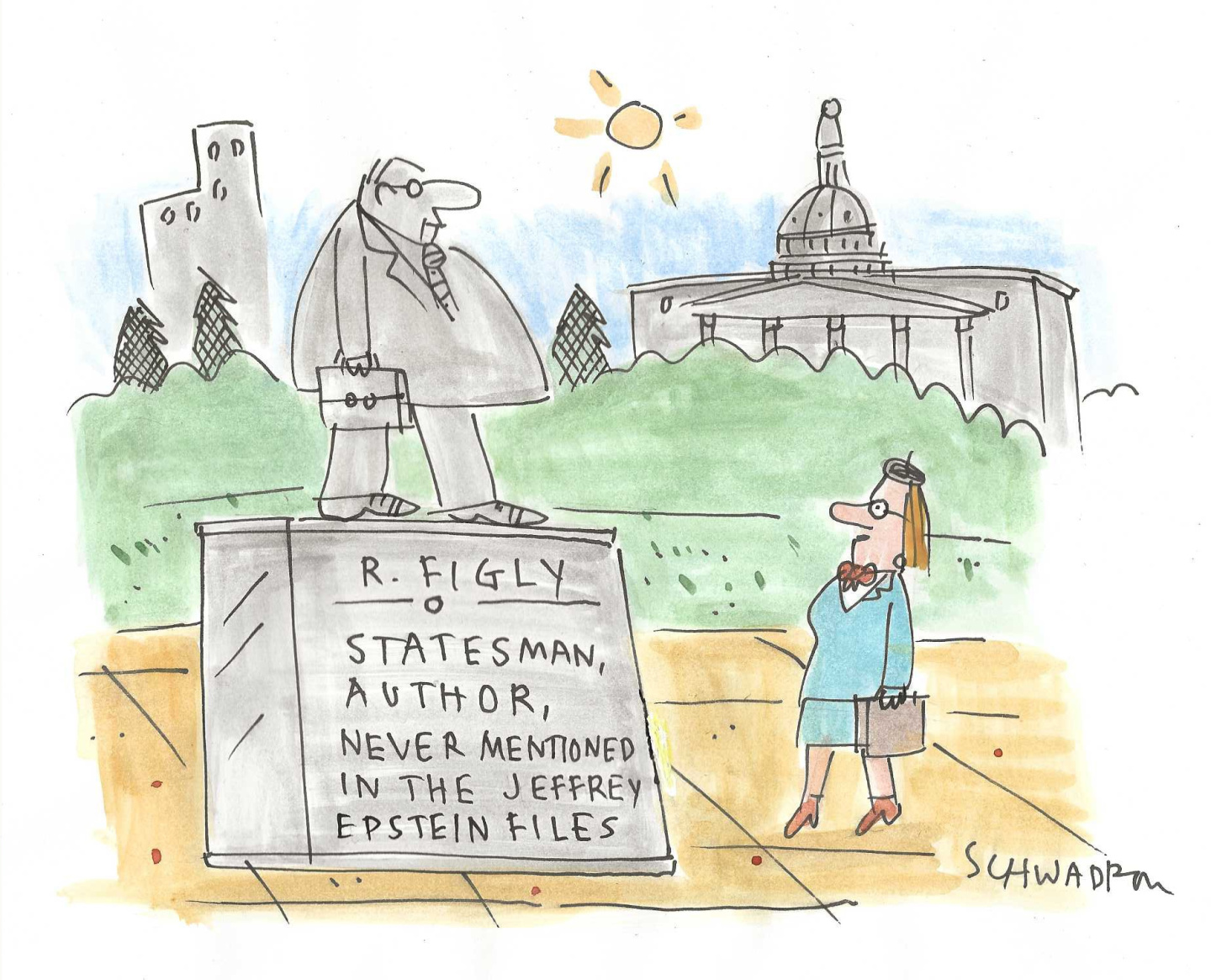 A woman in Washington DC looks at a statue of a man in a suit with a briefcase. The base of the statue reads, &amp;ldquo;R. Figly. Statesman, author, never mentioned in the Jeffrey Epstein files.&amp;rdquo;