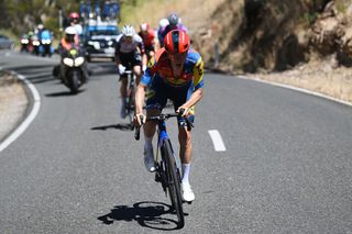 MCLAREN VALE AUSTRALIA JANUARY 25 Juan Pedro Lopez of Spain and Team Lidl Trek competes in the breakaway during the 25th Santos Tour Down Under 2025 Stage 5 a 1457km stage from McLaren Vale to Willunga Hill 371m UCIWT on January 25 2025 in McLaren Vale Australia Photo by Dario BelingheriGetty Images