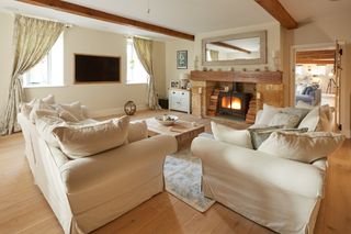 living room with sofa fireplace and wooden flooring