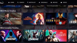 A screenshot of two of the new Marvel timelines on Disney Plus, which shows the title tiles for a number of MCU movies and TV shows