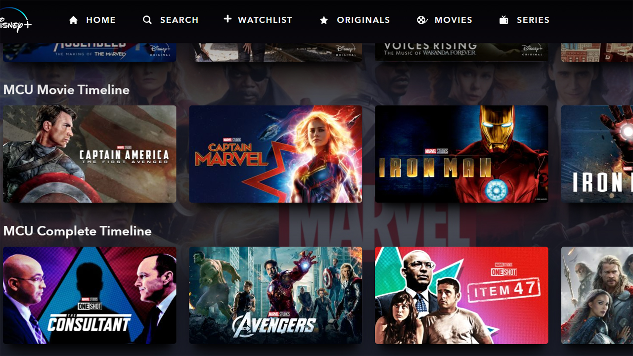 A screenshot of two of the new Marvel timelines on Disney Plus, showing the title plates for a number of MCU movies and TV shows