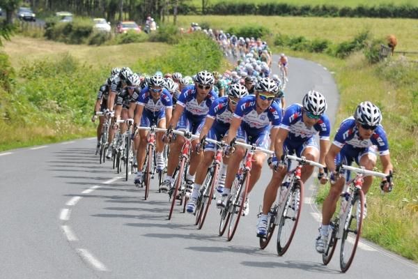 Katusha masses at the front of the peloton.