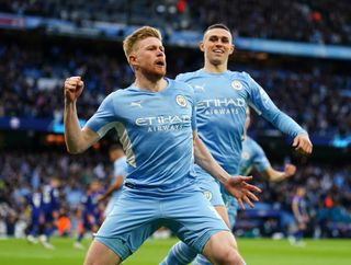 Kevin De Bruyne celebrates his goal in the first leg against Real Madrid