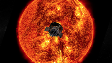 A NASA illustration shows the Parker Solar Probe diving heat shield-first toward the sun. The probe's elliptical orbit will take it closer and closer to the solar surface on every pass.