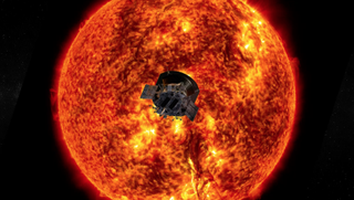 A NASA illustration shows the Parker Solar Probe diving heat shield-first toward the sun. The probe's elliptical orbit will take it closer and closer to the solar surface on every pass.