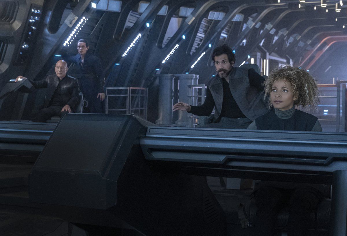 From left, Patrick Stewart as Jean-Luc Picard; Evan Evagora as Elnor; Santiago Cabrera as Rios; Michelle Hurd as Raffi of the the CBS All Access series STAR TREK: PICARD.