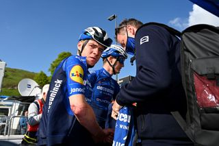 SEGA DI ALA ITALY MAY 26 Remco Evenepoel of Belgium and Team Deceuninck QuickStep Toon Cruyt of Belgium Doctor of Team Deceuninck QuickStep at arrival during the 104th Giro dItalia 2021 Stage 17 a 193km stage from Canazei to Sega di Ala 1246m Crash Injury UCIworldtour girodiitalia Giro on May 26 2021 in Sega di Ala Italy Photo by Stuart FranklinGetty Images