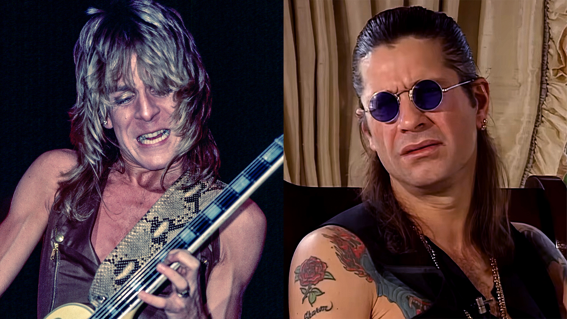 LEFT: American Heavy Metal musician Randy Rhoads (1956-1982) plays guitar as he performs, during the 'Blizzard of Ozz Tour,' at Nassau Coliseum, Uniondale, New York, August 14, 1981. It was Ozzy Osbourne's debut concert tour as a solo artist after having been fired by the English group Black Sabbath the year prior. RIGHT: Ozzy Osbourne in YouTube screengrab