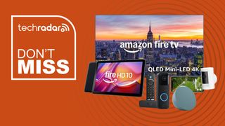 Amazon Fire TV, Fire Tab, Fire TV Stick, Ring camera, Blink doorbell and Echo Pop on a green background