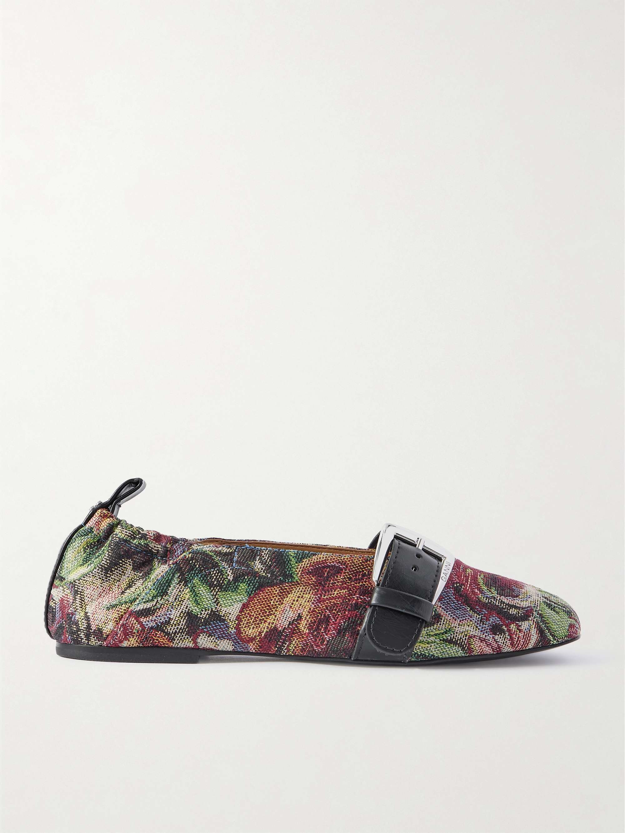 Leather-Trimmed Canvas-Jacquard Ballet Flats