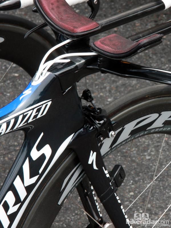 The front brake on this Saxo Bank Specialized S-Works Shiv was once hidden underneath a shroud before the UCI objected.