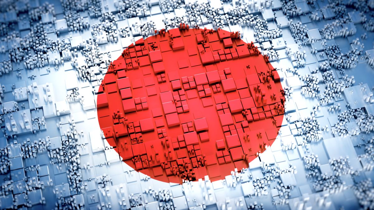 A digital matrix overlaid on the Japan flag