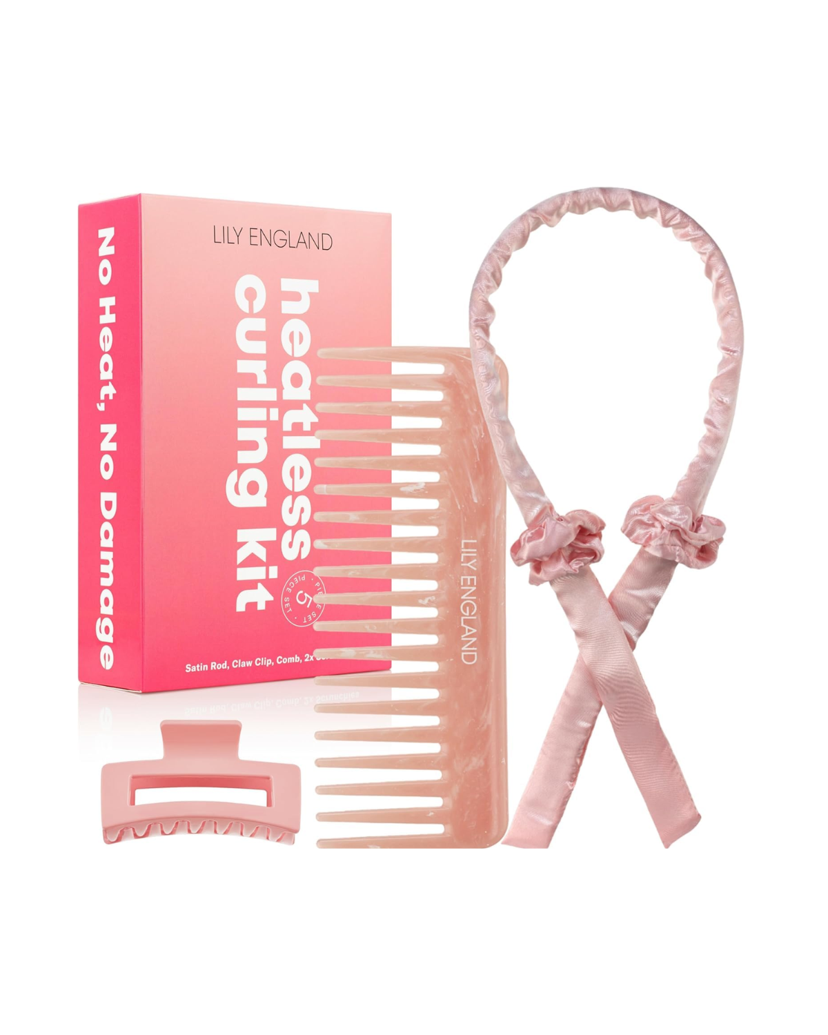 The contents of a Lily England Heatless Curling Kit against a white background.