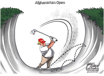 Political cartoon U.S. Trump Afghanistan war golf