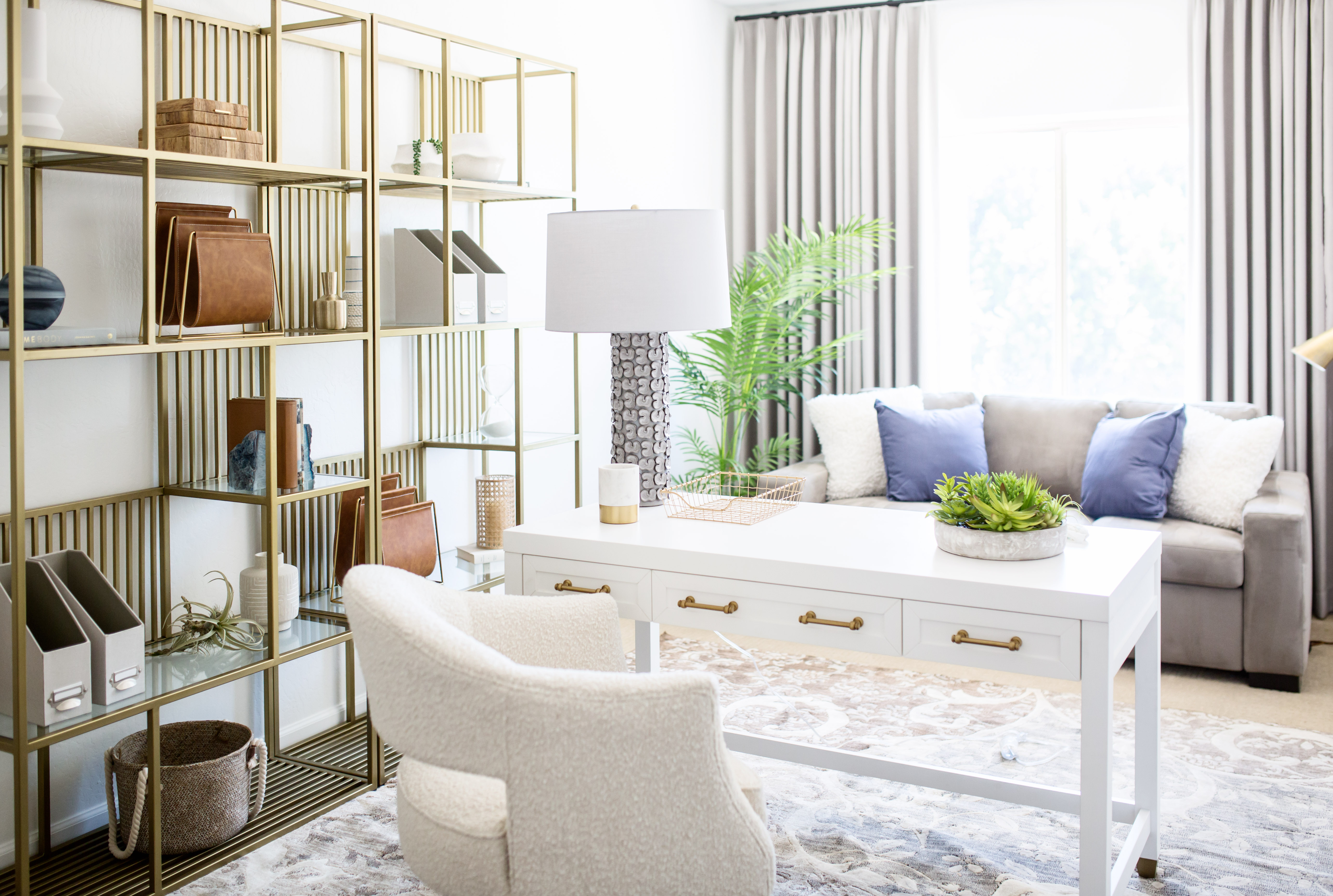 small apartment organization open shelving in home office by Living with Lolo