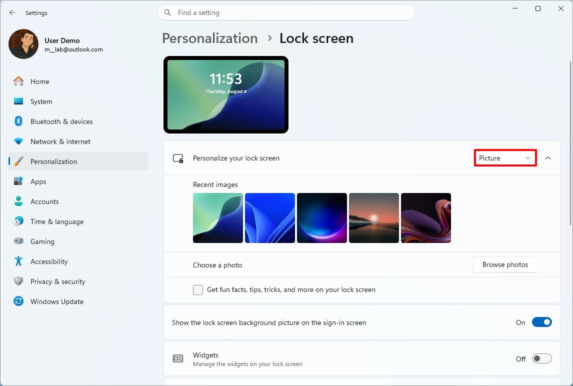 Windows 11 Lock Screen highlighting the Picture option for the background image.
