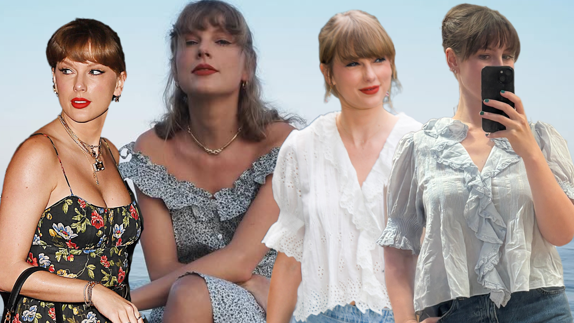 a collage of editor Halie LeSavage and Taylor Swift wearing the same Dôen pieces