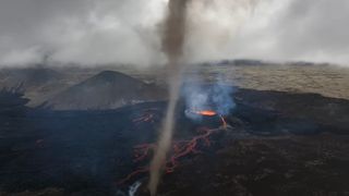 A picture of the tornado in front of the volcano crater spewing lava.