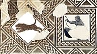 A mosaic shows a diamond cut out of a black leopard on the left and a woman wearing a white skirt holding a whip on the right. 