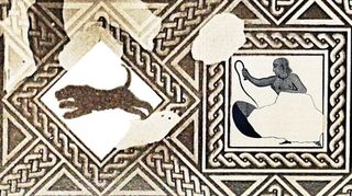 A mosaic shows a diamond cut out of a black leopard on the left and a woman wearing a white skirt holding a whip on the right.