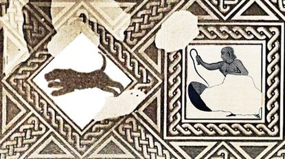 A mosaic shows a diamond cut out of a black leopard on the left and a woman wearing a white skirt holding a whip on the right.